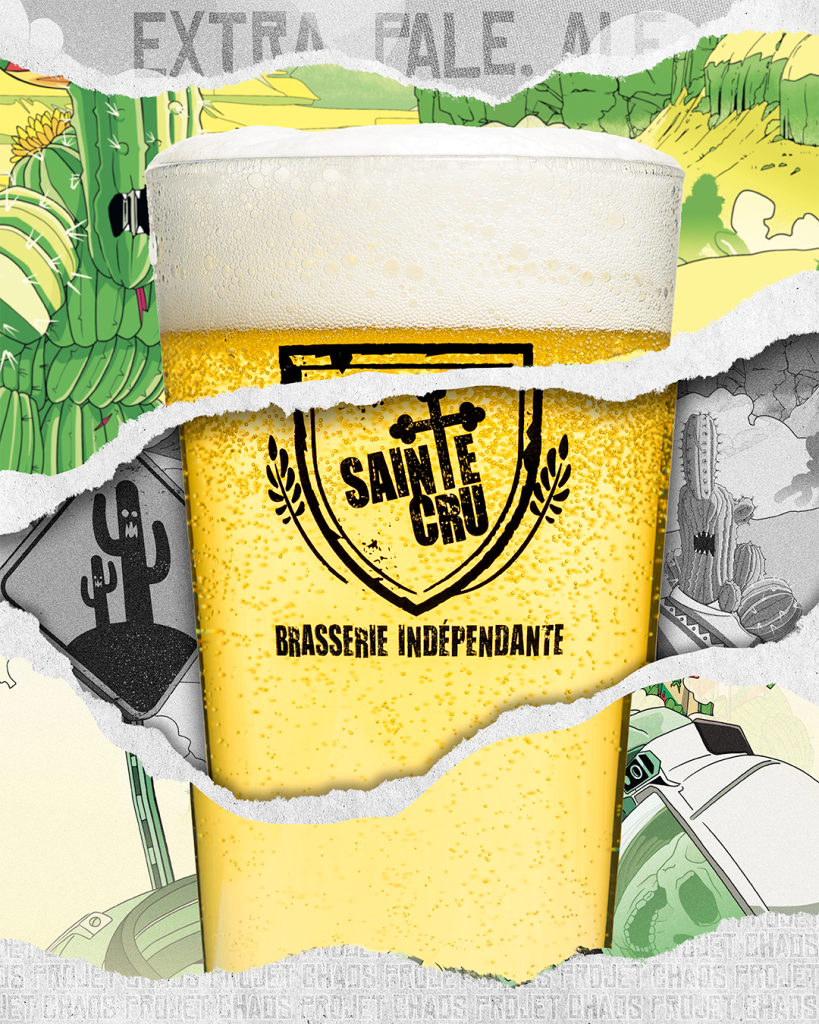 Verre rempli de l'extra pale ale PROJET CHAOS brassée par la brasserie Sainte Cru à Colmar, visuel en fond avec des cactus zombies et un effet papier déchiré