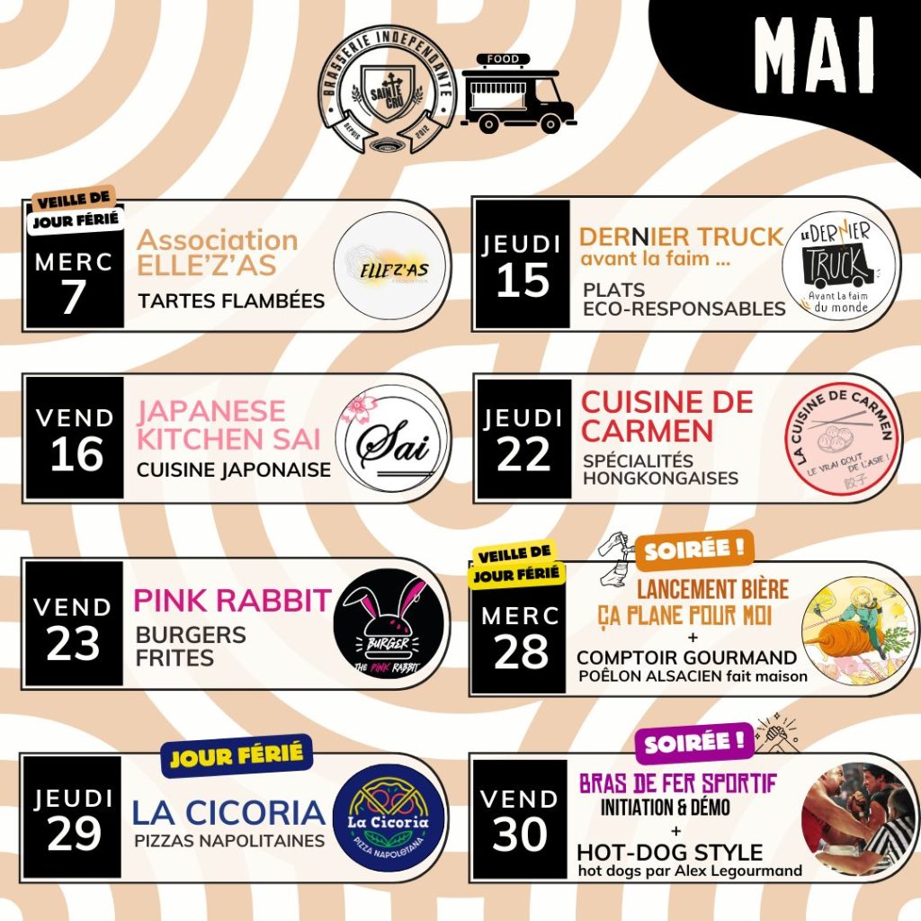 Visuel contenant le détail des événements bar / brasserie sainte cru du mois de mai 2025